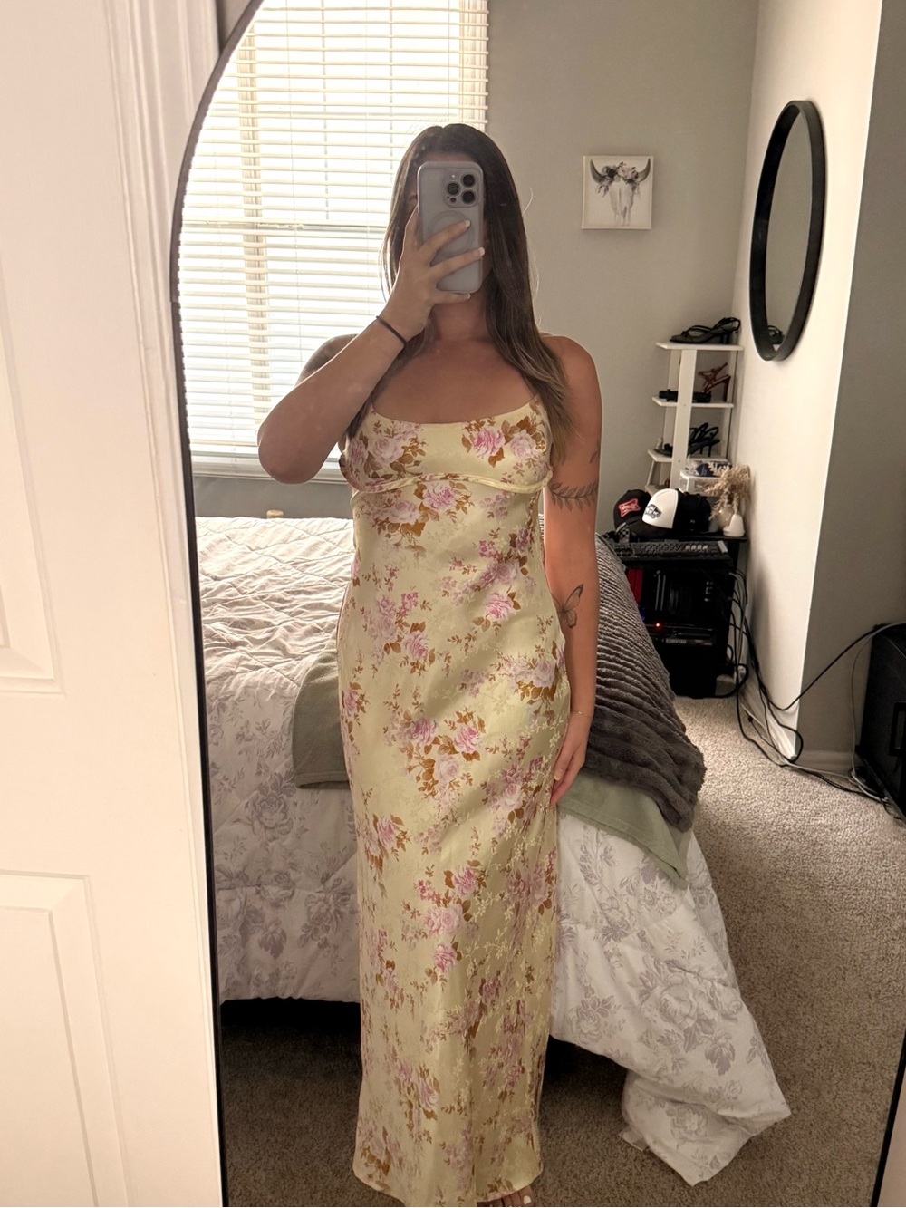 Floral Satin Slip Dress in Pale Yellow